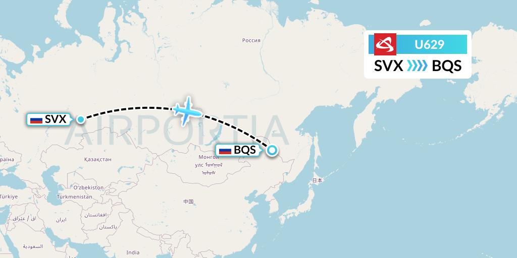 U629 Ural Airlines Flight Map: Yekaterinburg to Blagoveshchensk