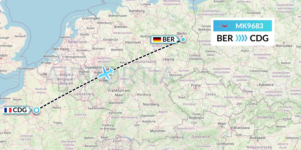 MK9683 Air Mauritius Flight Map: Berlin to Paris