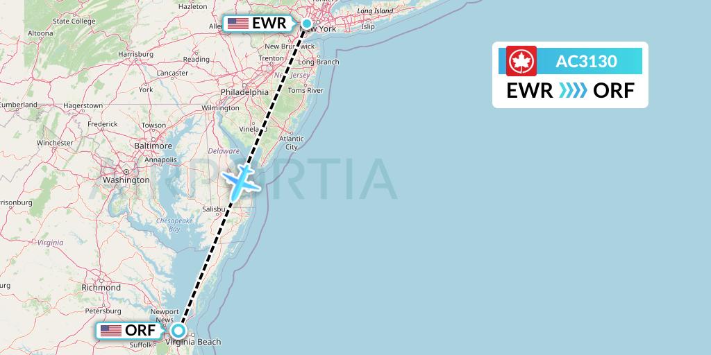 AC3130 Air Canada Flight Map: New York to Norfolk
