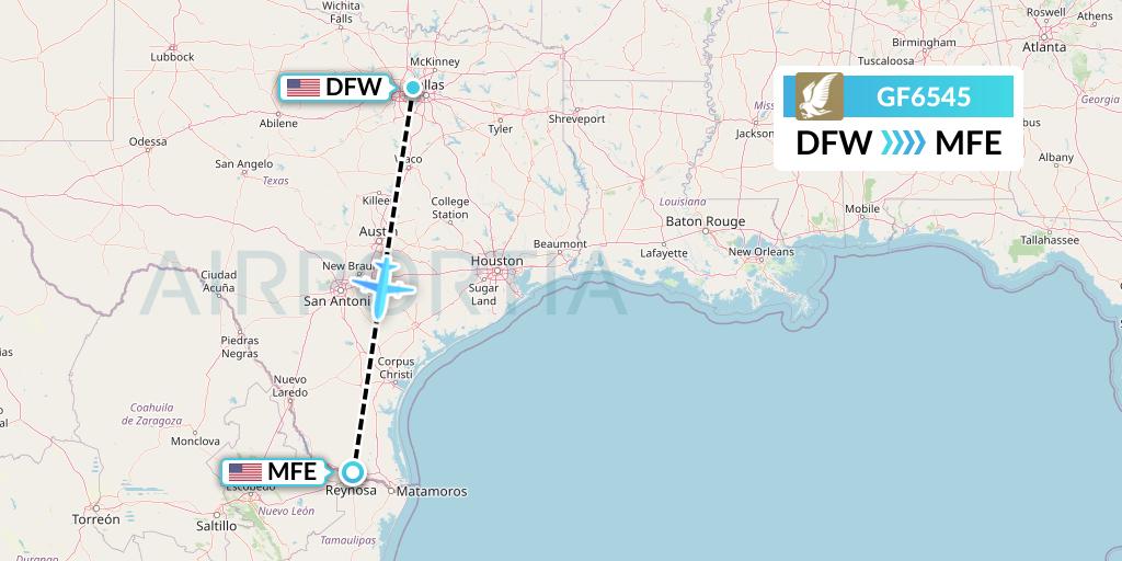GF6545 Gulf Air Flight Map: Dallas to McAllen