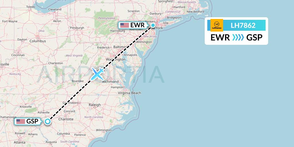 LH7862 Lufthansa Flight Map: New York to Greenville-Spartanburg