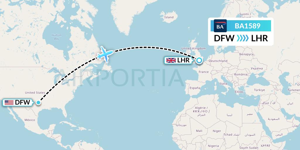 BA1589 British Airways Flight Map: Dallas to London