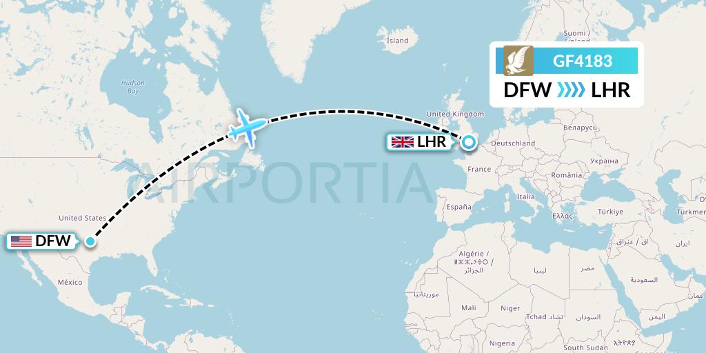 GF4183 Gulf Air Flight Map: Dallas to London