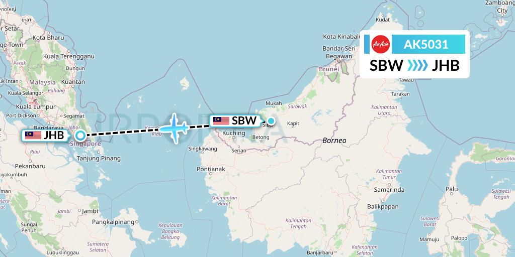 AK5031 AirAsia Flight Map: Sibu to Johor Bahru