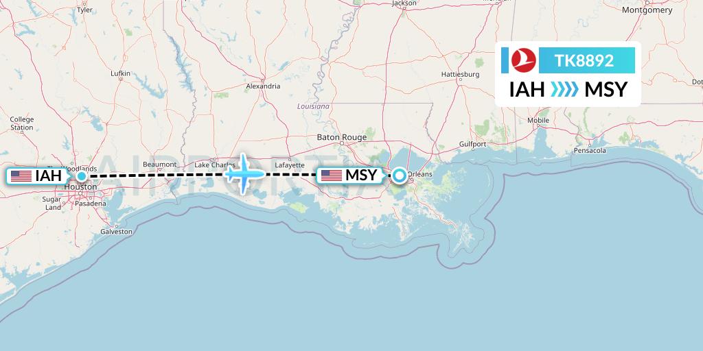 TK8892 Turkish Airlines Flight Map: Houston to New Orleans