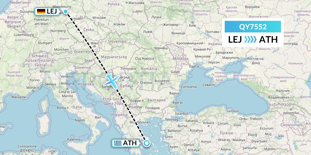 QY7552 European Air Transport Flight Map: Leipzig to Athens