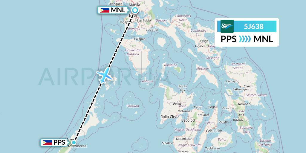 5J638 CEBU Pacific Air Flight Map: Puerto Princesa City to Manila
