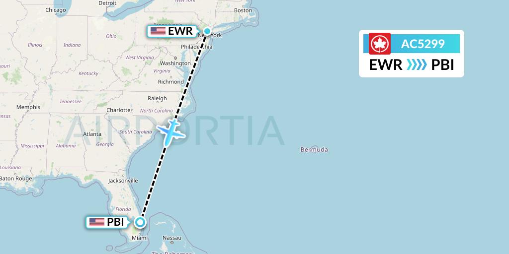 AC5299 Air Canada Flight Map: New York to West Palm Beach