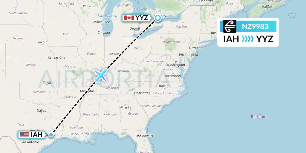 NZ9983 Air New Zealand Flight Map: Houston to Toronto