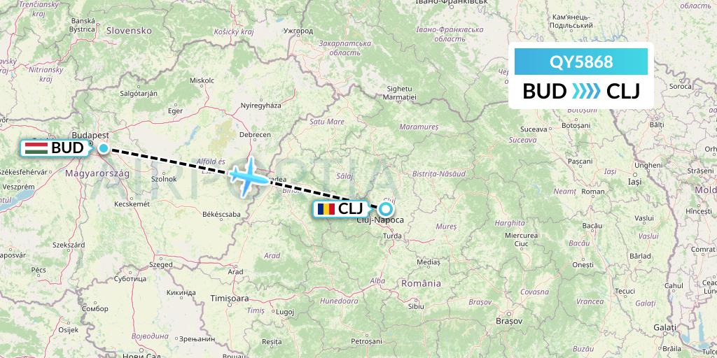 QY5868 European Air Transport Flight Map: Budapest to Cluj-Napoca