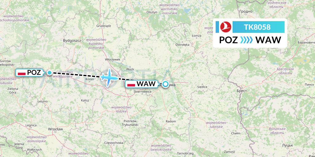 TK8058 Turkish Airlines Flight Map: Poznan to Warsaw
