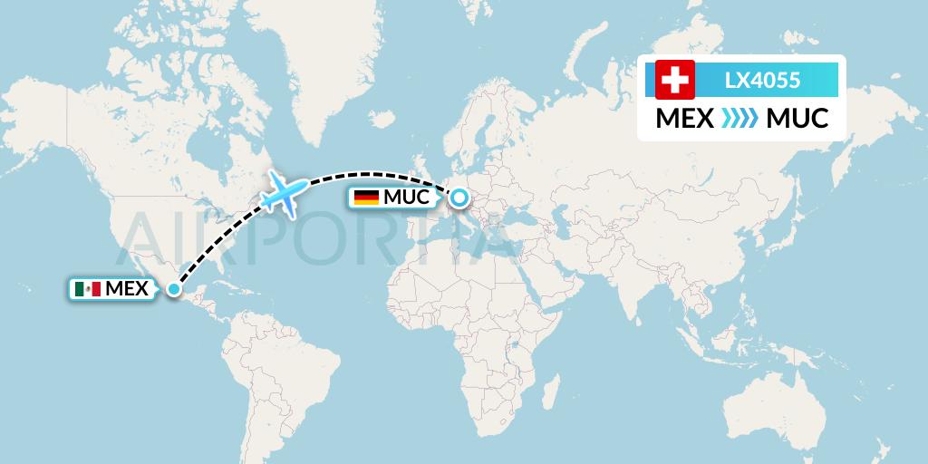 LX4055 Swiss Flight Map: Mexico City to Munich