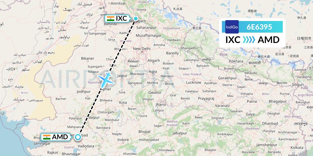 6E6395 IndiGo Airlines Flight Map: Chandigarh to Ahmedabad