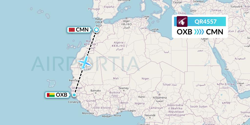 QR4557 Qatar Airways Flight Map: Bissau to Casablanca