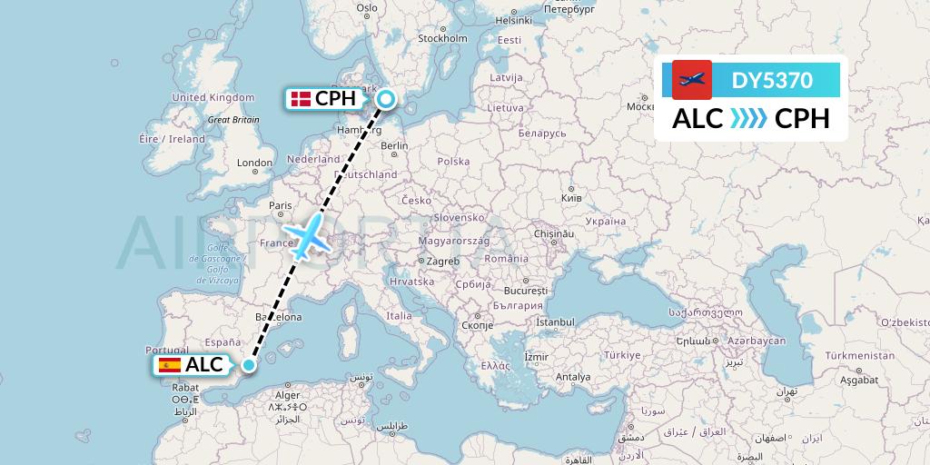 DY5370 Norwegian Flight Map: Alicante to Copenhagen