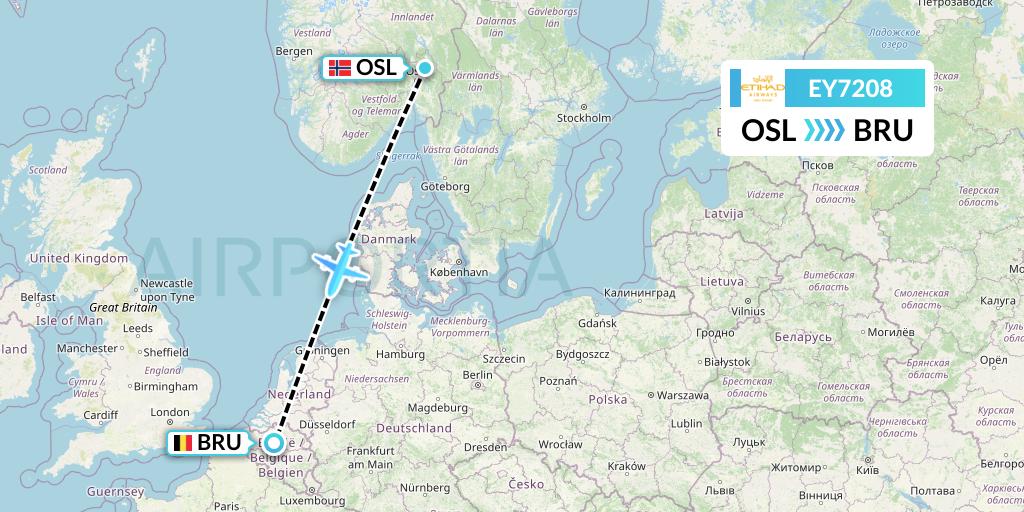 EY7208 Etihad Airways Flight Map: Oslo to Brussels