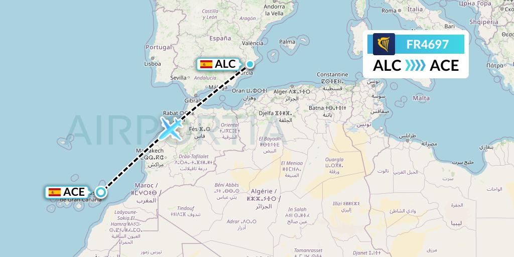FR4697 Ryanair Flight Map: Alicante to Lanzarote