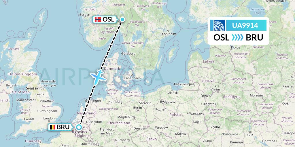 UA9914 United Airlines Flight Map: Oslo to Brussels