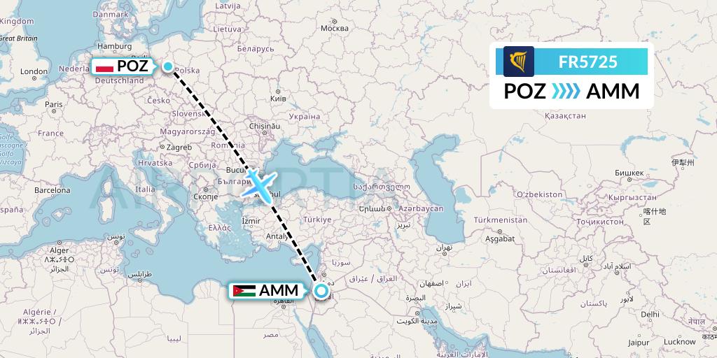 FR5725 Ryanair Flight Map: Poznan to Amman