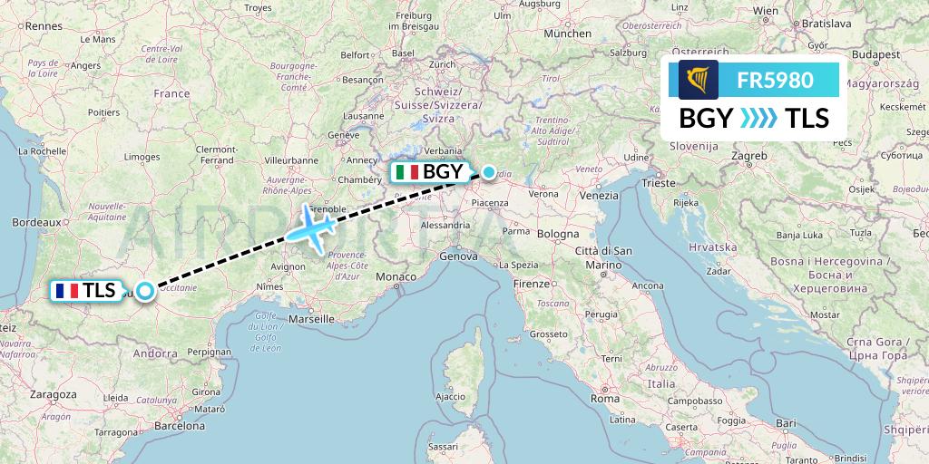 FR5980 Ryanair Flight Map: Milan to Toulouse