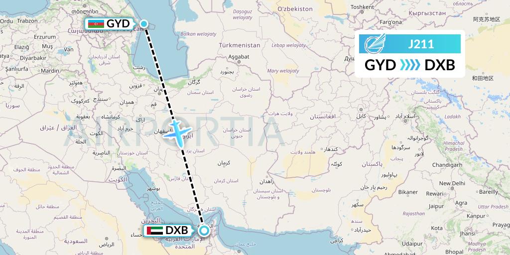 J211 Azerbaijan Airlines Flight Map: Baku to Dubai