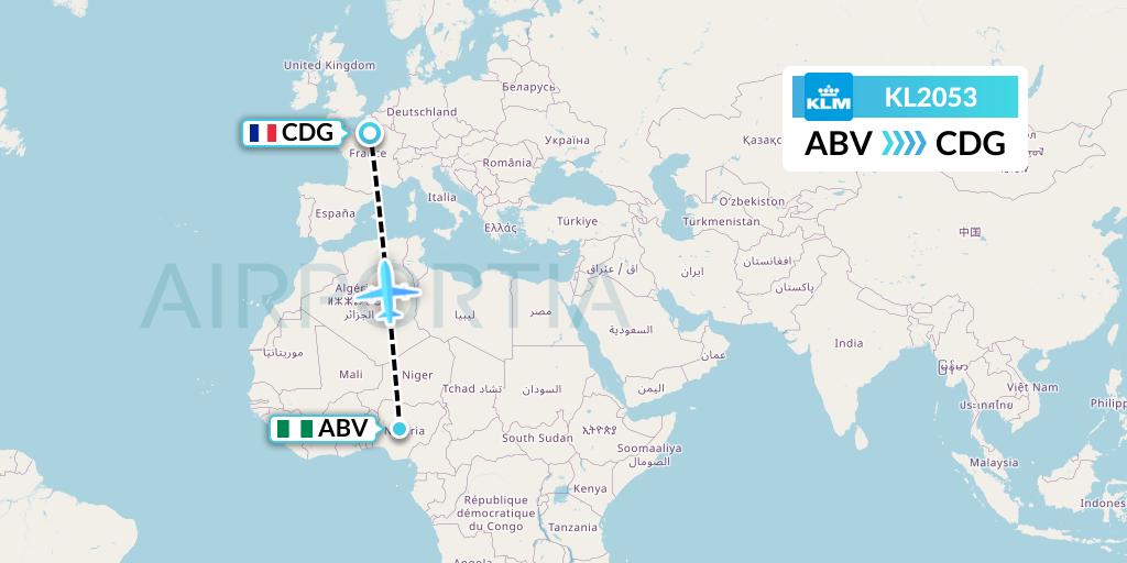 KL2053 KLM Flight Map: Abuja to Paris