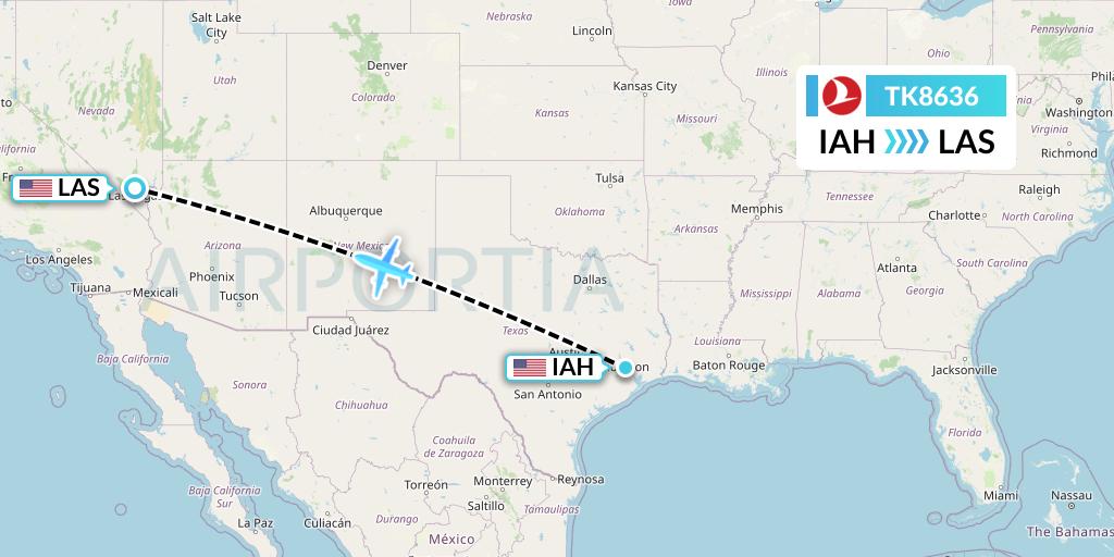 TK8636 Turkish Airlines Flight Map: Houston to Las Vegas