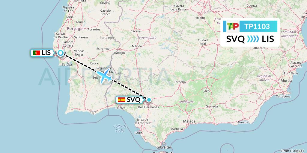 TP1103 TAP Portugal Flight Map: Seville to Lisbon
