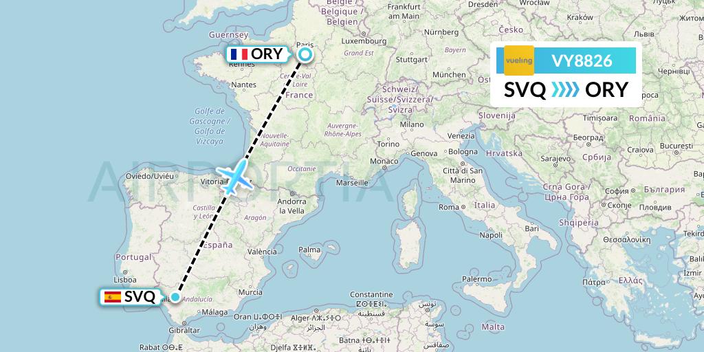 VY8826 Vueling Flight Map: Seville to Paris