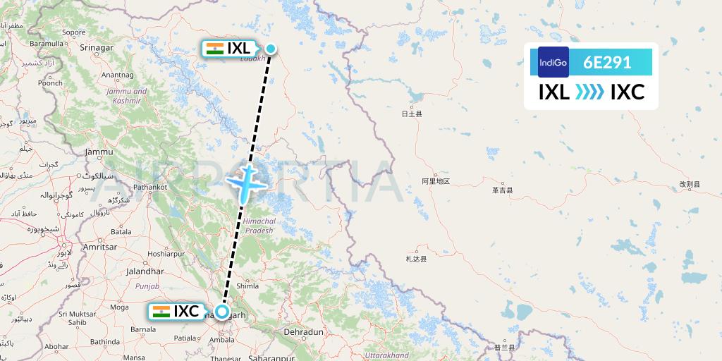 6E291 IndiGo Airlines Flight Map: Leh to Chandigarh