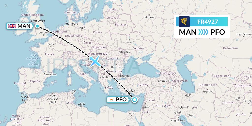 FR4927 Ryanair Flight Map: Manchester to Pafos