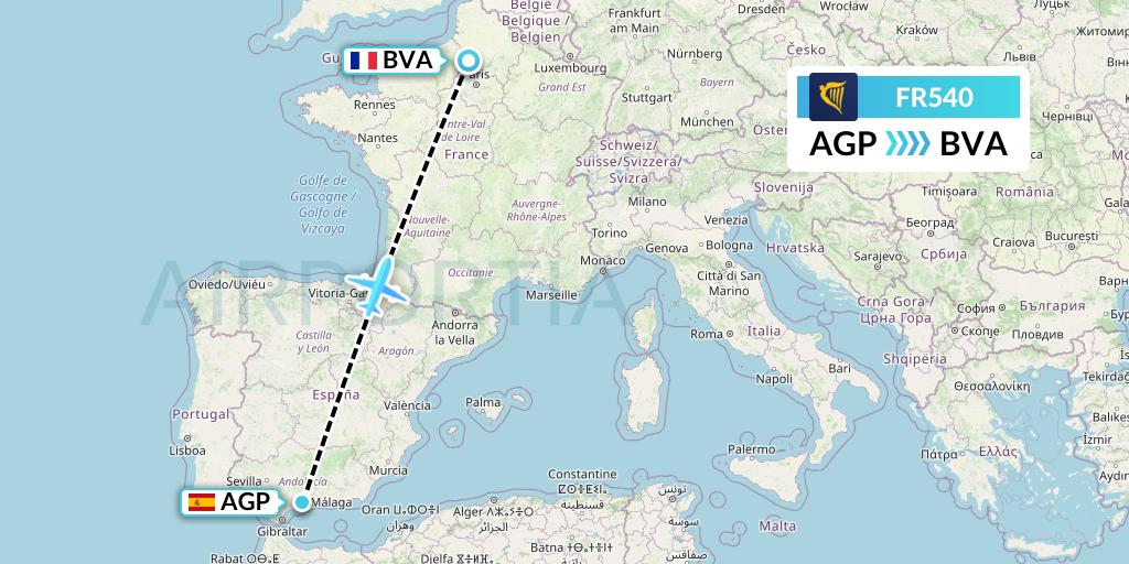 FR540 Ryanair Flight Map: Malaga to Paris