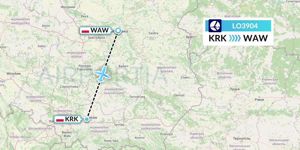 LO3904 LOT Flight Map: Krakow to Warsaw