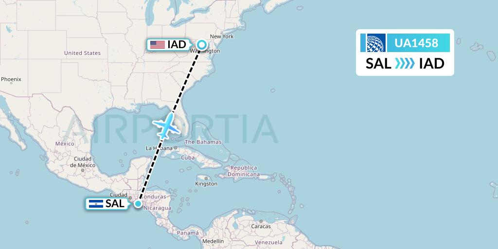UA1458 United Airlines Flight Map: San Salvador to Washington