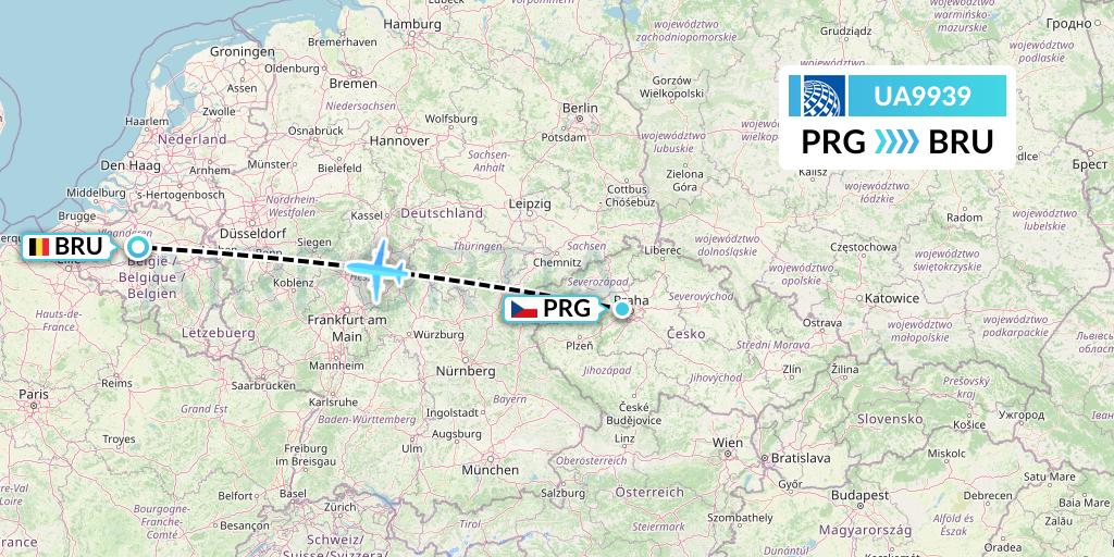 UA9939 United Airlines Flight Map: Prague to Brussels