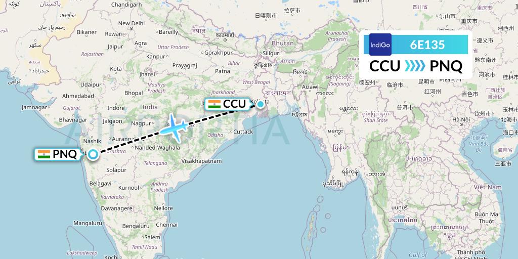6E135 IndiGo Airlines Flight Map: Kolkata to Pune