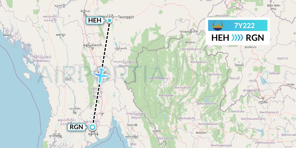 7Y222 Mann Yadanarpon Airlines Flight Map: Heho to Yangon