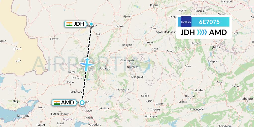 6E7075 IndiGo Airlines Flight Map: Jodhpur to Ahmedabad