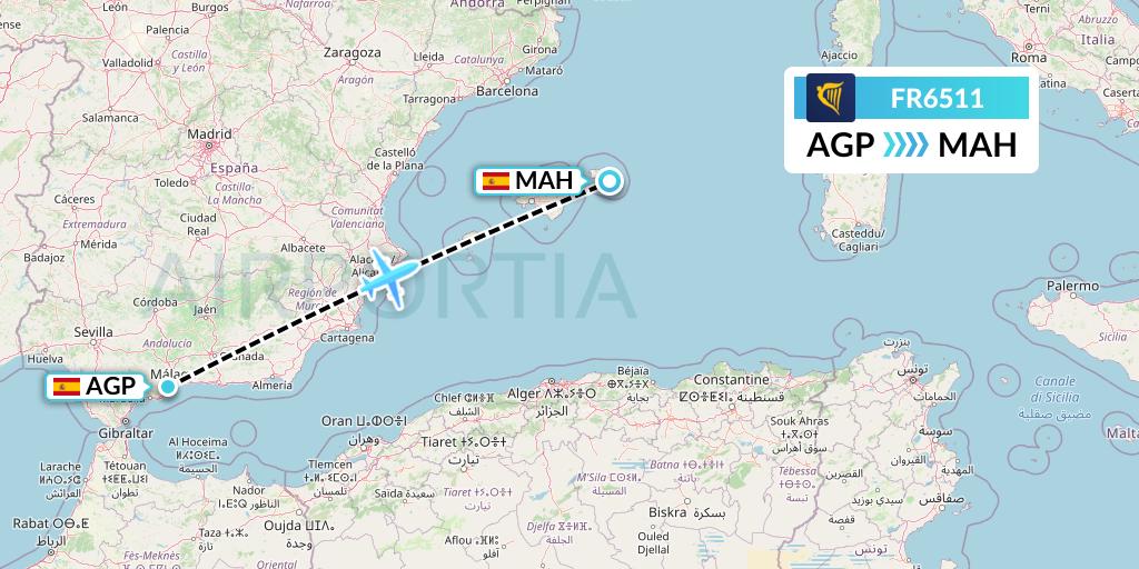 FR6511 Ryanair Flight Map: Malaga to Mahon