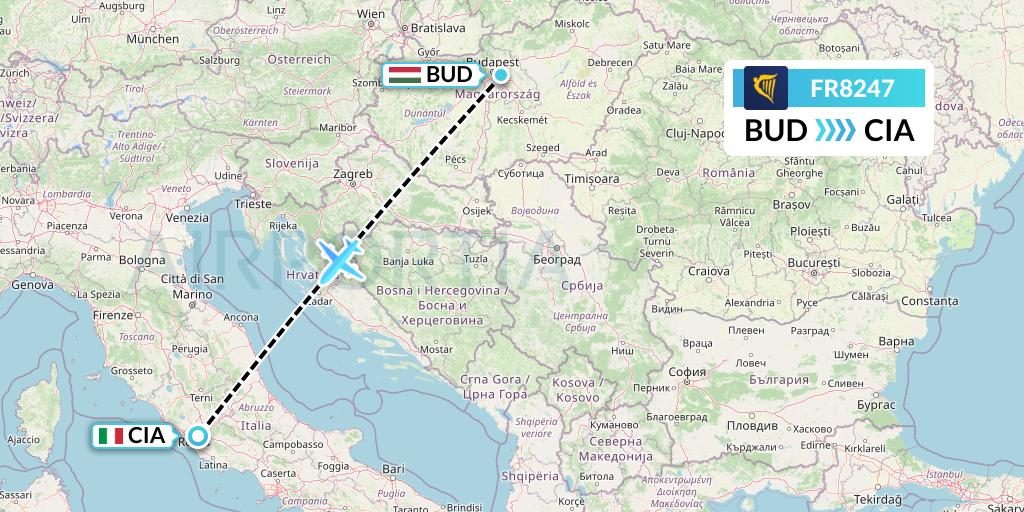FR8247 Ryanair Flight Map: Budapest to Rome