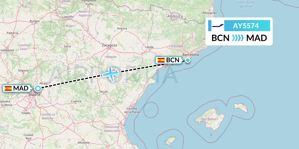 AY5574 Finnair Flight Map: Barcelona to Madrid