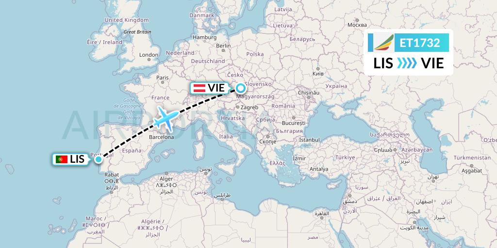 ET1732 Ethiopian Airlines Flight Map: Lisbon to Vienna