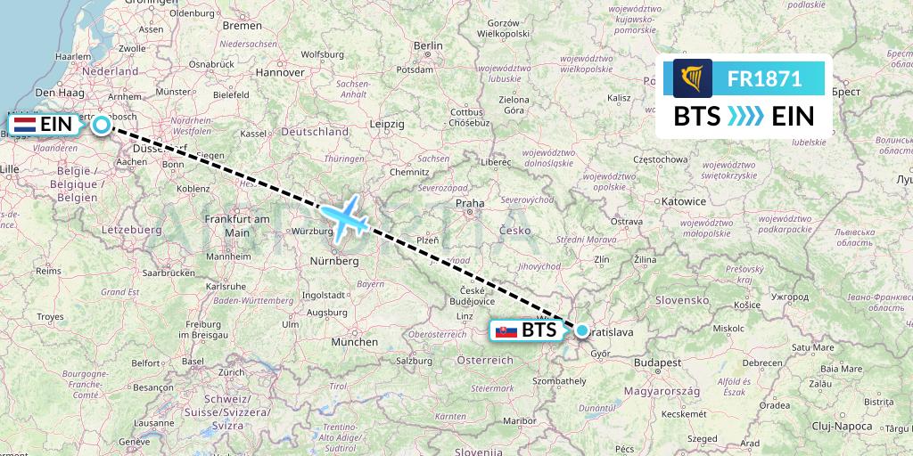 FR1871 Ryanair Flight Map: Bratislava to Eindhoven