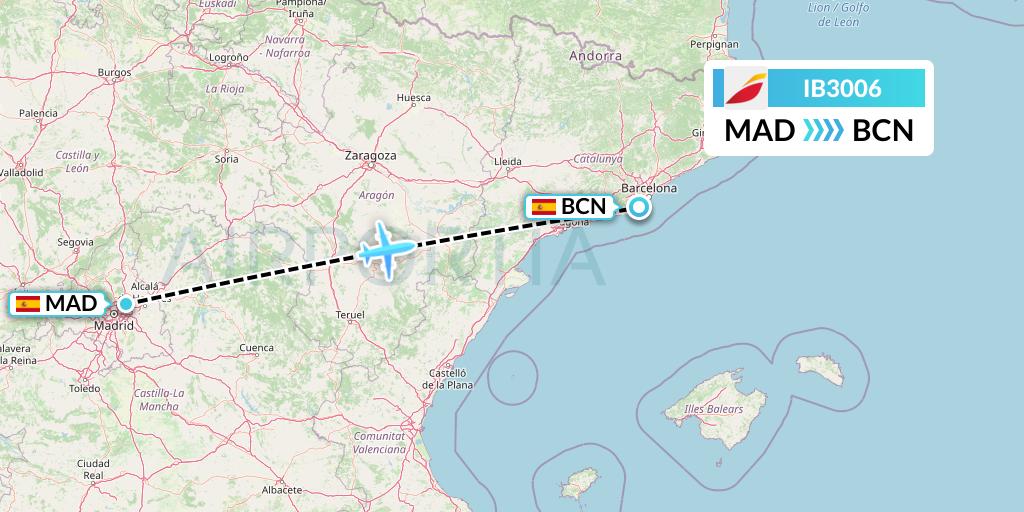 IB3006 Iberia Flight Map: Madrid to Barcelona