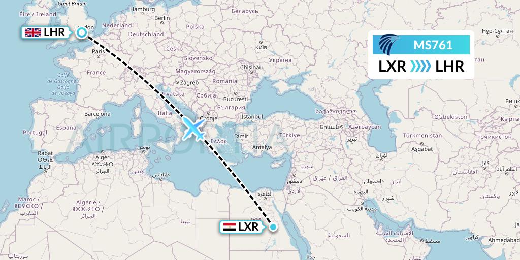 MS761 EgyptAir Flight Map: Luxor to London