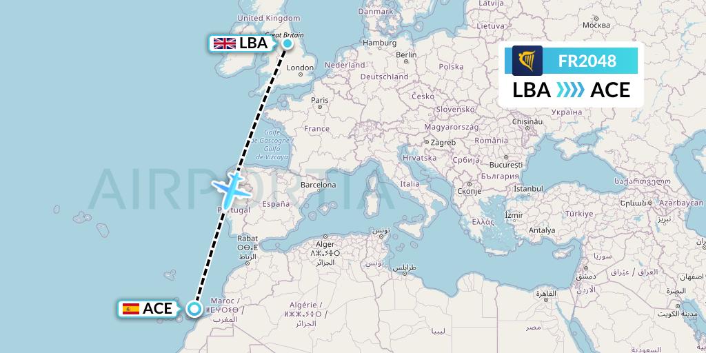 FR2048 Ryanair Flight Map: Leeds to Lanzarote