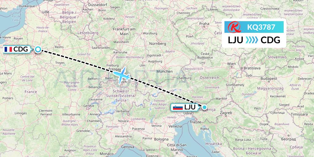 KQ3787 Kenya Airways Flight Map: Ljubljana to Paris