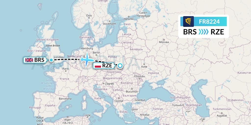 FR8224 Ryanair Flight Map: Bristol to Rzeszow