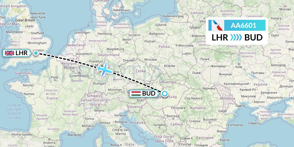 AA6601 American Airlines Flight Map: London to Budapest