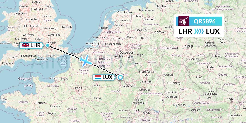 QR5896 Qatar Airways Flight Map: London to Luxembourg